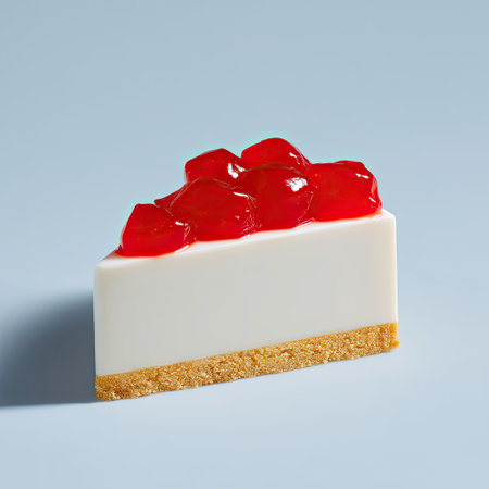 A delicious slice of cheesecake topped with shiny red jelly rests on a graham cracker crust, showcasing a perfect blend of textures and flavors for dessert enthusiasts.の素材