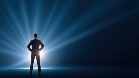 A person stands confidently in a suit, silhouetted against a dark background filled with rays of light. This image evokes themes of leadership, inspiration, and ambition.の素材