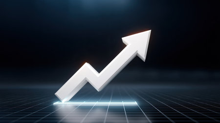 A sleek white upward arrow represents growth and success, set against a stylish digital background that conveys progress and opportunity in business and finance contexts.の素材
