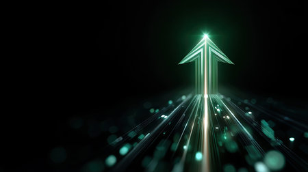 This captivating image features a green arrow illuminated against a dark backdrop, surrounded by glowing particles and light beams, ideal for themes of growth and progress.の素材