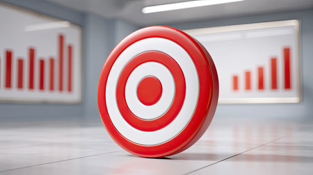This image features a striking red and white target symbol on a floor, set against a backdrop of upward chart trends, representing business goals and strategies.の素材