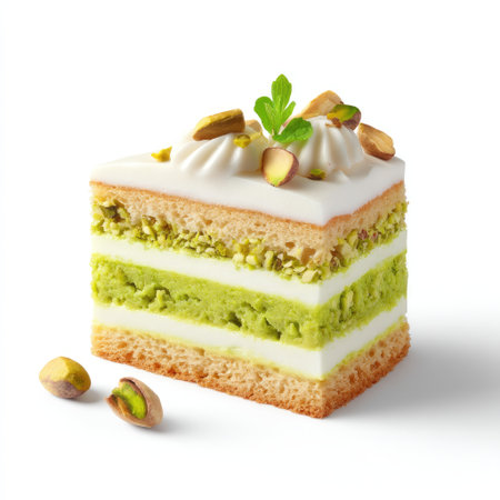 A tempting slice of pistachio cake features layers of cream and vibrant green filling, beautifully garnished with nuts, perfect for culinary presentations.の素材