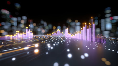 This captivating image features vibrant data visualizations with colorful graphs and dynamic light trails set against a night cityscape, blending technology and innovation.の素材
