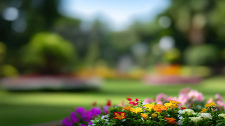 A beautiful display of vibrant flowers in soft focus, surrounded by lush greenery in a serene garden setting, perfect for evoking feelings of peace and tranquility.の素材