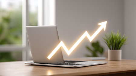 A modern workspace featuring a laptop with a rising growth chart to symbolize financial success and progress. The scene includes a green plant and soft natural light.の素材