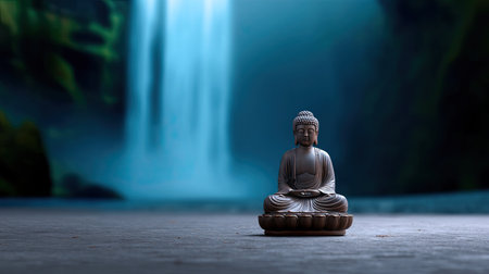 Beautiful Buddha statue set against a breathtaking waterfall, capturing the essence of tranquility and mindfulness. Ideal for themes of relaxation and peace.の素材