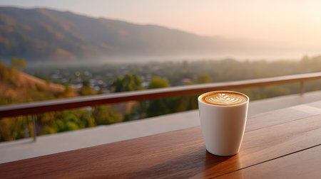 Enjoy a peaceful morning coffee experience with beautifully crafted latte art in a serene outdoor setting. The distant mountains enhance the tranquil atmosphere.の素材