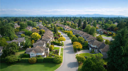 This aerial photo showcases a vibrant suburban landscape with modern homes set amidst lush greenery and majestic mountains under a bright blue sky. Perfect for depicting serenity and community living.の素材