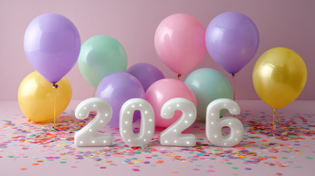 A vibrant scene featuring colorful balloons and the illuminated numbers for New Year 2026, scattered confetti creates a joyful ambiance for celebration.の素材