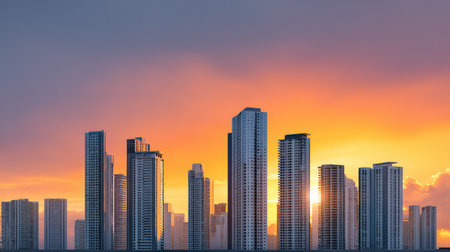 Stunning skyline captured during sunset, highlighting modern buildings with vibrant reflections. A perfect representation of urban development and breathtaking city views.の素材