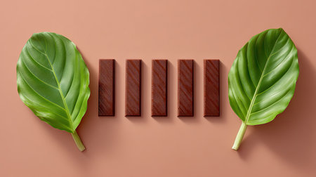 A striking composition featuring fresh green leaves alongside neat chocolate bars on a smooth beige surface, perfect for food and nature photography.の素材