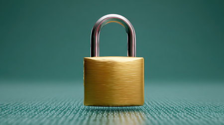 This image features a polished gold padlock against a rich green backdrop, representing themes of security and trust in various settings and applications.の素材