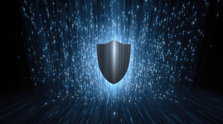 Vibrant illustration of a shield representing digital security, surrounded by luminous particles and dynamic light streaks, emphasizing modern protection and innovation in technology.の素材