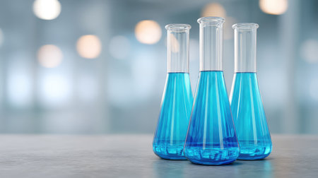 Vibrant blue liquids are displayed in glass laboratory flasks on a wooden table, illustrating a setting of scientific research and experimentation in a modern environment.の素材