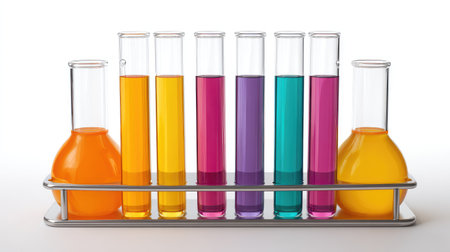 A vibrant display of laboratory glassware showcasing various liquids in test tubes and flasks, ideal for educational and scientific purposes in research or analysis settings.の素材