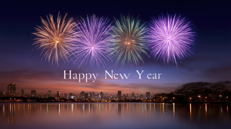Experience a stunning fireworks display lighting up the night sky over an urban skyline as people celebrate New Yearの素材