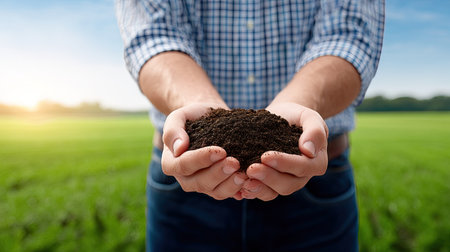 Close-up view of hands holding dark, fertile soil, set against a vibrant green field, capturing themes of agriculture, sustainability, and the nurturing of life.の素材