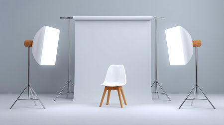 A minimalist photography studio setup featuring a white chair surrounded by bright softbox lights on a light gray background, perfect for showcasing artistic projects.の素材