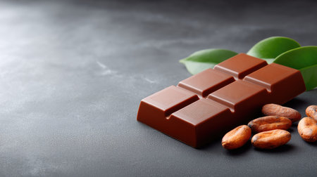 A close-up of a delicious milk chocolate bar next to cocoa beans and green leaves on a dark textured surface, ideal for dessert and culinary themes.の素材