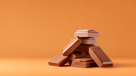 A stunning arrangement of brown chocolate bars stacked together on a vibrant orange background, perfect for illustrating delicious sweet treats and desserts.の素材