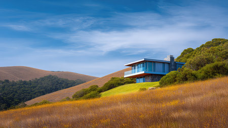 A stunning modern house sits on a hillside, surrounded by lush greenery and rolling hills, offering breathtaking views and a peaceful environment in perfect harmony with nature.の素材