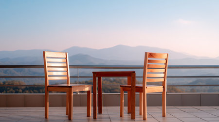 A serene balcony scene featuring two wooden chairs and a small table overlooking breathtaking mountains at sunrise, ideal for peaceful moments and outdoor enjoyment.の素材