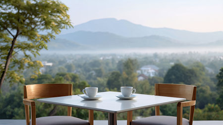 Enjoy a peaceful morning with this cozy setup featuring two tea cups on a table, surrounded by lush mountains, offering a perfect escape into nature's beauty.の素材