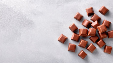 A delightful arrangement of milk chocolate cubes set against a soft gray background, perfect for enticing food photography, culinary displays, or dessert promotions.の素材