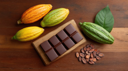 Discover the beauty of chocolate-making with fresh cocoa pods, rich chocolates, and raw cocoa beans, all set on a rustic wooden board, perfect for culinary inspiration.の素材