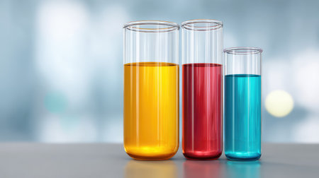 This image showcases three vibrant laboratory test tubes filled with yellow, red, and blue liquids, highlighting the essence of science and experimentation in a modern medical space.の素材