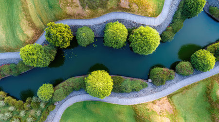 This aerial view captures a serene meandering stream surrounded by lush greenery, with a pathway inviting exploration through a vibrant landscape. Perfect for nature lovers.の素材