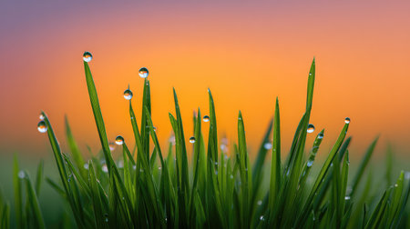 Captivating close-up of dew-covered grass blades at sunrise, showcasing nature's beauty and tranquility, perfect for compositions emphasizing growth and freshness.の素材