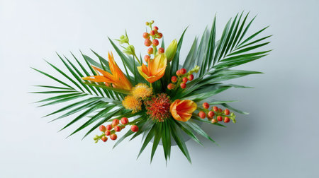 Bright and colorful arrangement of tropical flowers and lush greenery creates an inviting and fresh aesthetic. Perfect for decoration or floral art inspiration.の素材