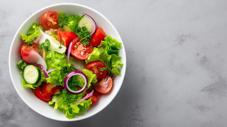 This vibrant salad showcases fresh greens, juicy tomatoes, crisp cucumbers, and sliced onions, served in a white bowl against a minimalist gray background. Perfect for healthy meals.の素材