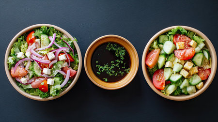 Enjoy the visual appeal of two colorful salad bowls filled with fresh vegetables, paired with a flavorful dressing in the center on a dark surface.の素材