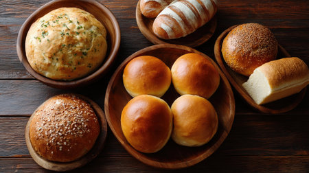 Explore an inviting assortment of freshly baked breads and rolls presented on rustic wooden plates, ideal for enhancing any culinary display or bakery setting.の素材