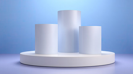 A minimalist display platform featuring three cylindrical structures against a soft blue background, ideal for product presentations or creative photography.の素材