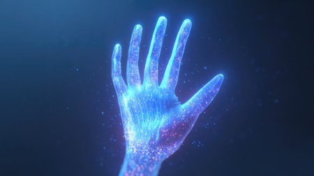 Captivating image of a holographic hand shimmering with glowing particles, representing futuristic technology, innovation, and the harmony between humans and the digital realm.の素材