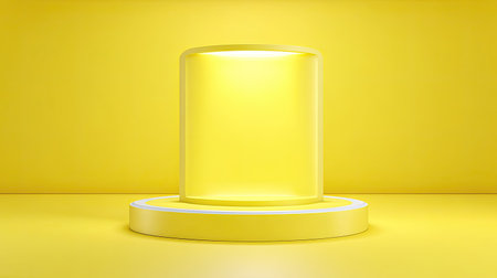 A vibrant yellow pedestal in a minimalist setting, featuring soft lighting and smooth textures, perfect for showcasing products creatively and stylishly.の素材