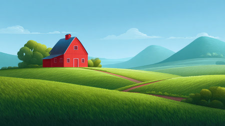 A picturesque countryside scene featuring a vibrant red barn amidst lush green fields and gentle hills, evoking tranquility and natural beauty under a clear blue sky.の素材