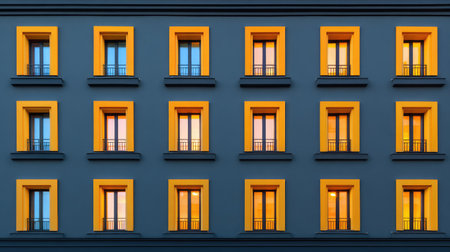 A captivating image of a modern building facade featuring a grid of illuminated windows at dusk, creating a stunning interplay of colors and architectural beauty.の素材