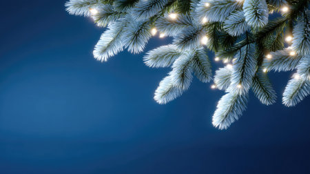 This image features snowy pine branches adorned with warm lights against a soft blue backdrop, creating a serene and festive atmosphere perfect for winter celebrations.の素材