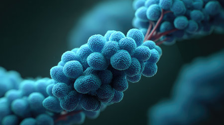 This high-definition image showcases a detailed close-up of vibrant blue microorganisms, emphasizing the intricate structures and textures found in the microscopic world of biology.の素材