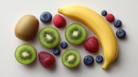 This image showcases a vibrant arrangement of fresh fruits including bananas, kiwis, blueberries, raspberries, and strawberries, perfect for promoting healthy eating and nutrition concepts.の素材