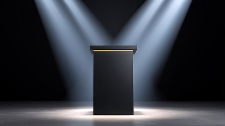 A striking empty podium highlighted by dramatic spotlights on a dark surface, perfect for representing themes of public speaking, leadership, and significant gatherings.の素材