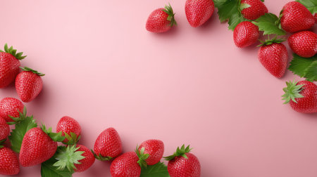 A visually appealing arrangement of fresh red strawberries with lush green leaves against a soft pink background, perfect for promoting healthy eating and vibrant lifestyles.の素材