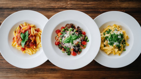 This image features three plates of traditional Italian pasta dishes, beautifully arranged with vibrant colors and fresh ingredients, perfect for food enthusiasts.の素材