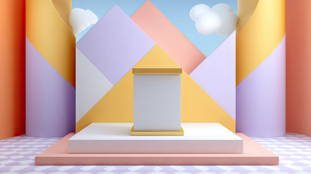 This colorful geometric setting features a podium on a platform, ideal for showcasing products. Bright pastel tones and playful elements create an inviting atmosphere.の素材