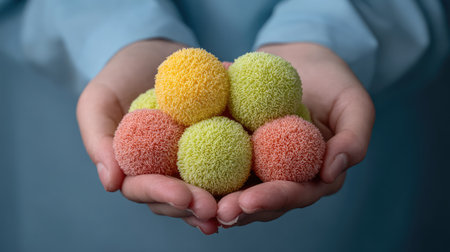 A close-up image featuring hands cradling an assortment of colorful textured balls, suitable for creative projects, art, or design inspiration.の素材