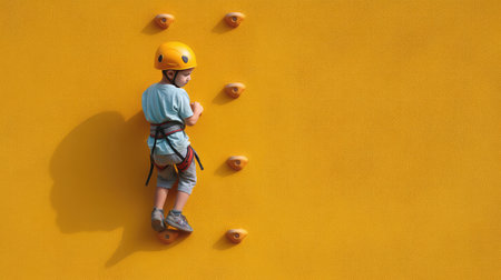 A young child showcases determination while climbing a vibrant yellow wall, wearing a safety helmet and harness, highlighting the spirit of adventure and skill development.の素材